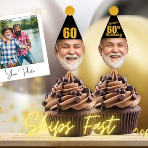 60er Geburtstag Cupcake Toppers Personalisierte 60er Dekorationen für Männer oder Frauen Sechziger Geburtstag Party Dekor 60 und fabelhaftes benutzerdefiniertes Kopf Gesicht