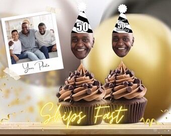 Black and White 50th Birthday Cupcake Toppers Custom Face Birthday Cupcake Topper for men women 50th Birthday Party Decorations Decor Favors