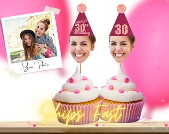 Burgundy + Rose Gold 30th Birthday Cupcake Toppers Thirtieth Birthday Party Supplies Thirty Flirty Dirty 30 AF Face Photo Decor Cake Topper