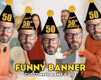 Custom 50th Birthday Face Banner • Personalized Photo Garland • Pre-Strung Milestone Decor • Funny 50 Years Loved Bunting •Luxury Party Sign