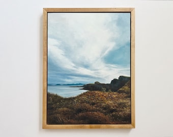 Ilha de Skye, pintura a óleo original, Escócia no outono, pintura de paisagem oceânica, litoral da Escócia, pintura a óleo emoldurada, moldura flutuante