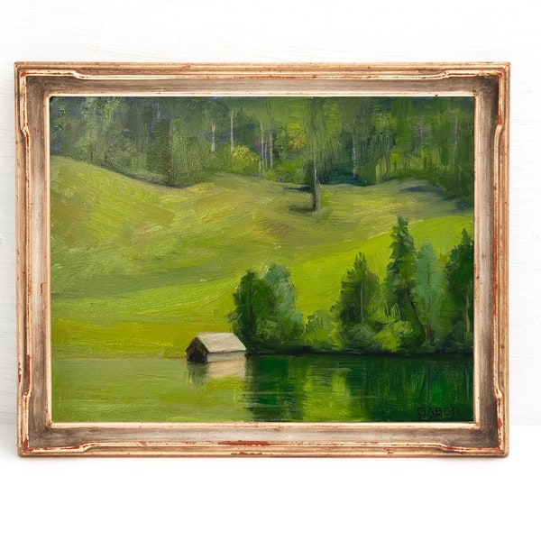 Pintura al óleo original, Lago Obersee, Konigssee Alemania, Pintura Plein Air, Vintage como paisaje, Paisaje realista, Paisaje montañoso