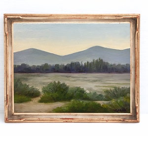 Pode incluir: Uma pintura a óleo emoldurada que retrata uma paisagem com um campo de arbustos verdes em primeiro plano, uma linha de árvores no meio e uma cordilheira de montanhas azuis ao fundo.