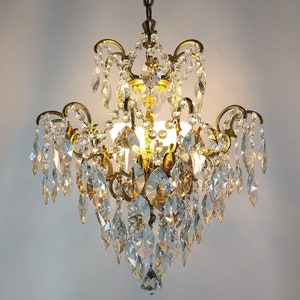 Rare Antique Crystal Brass Chandelier Light, Empire Victorian Crystal Ceiling lightings, Large  French Vintage Lighting fixture 1960s