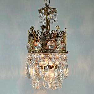 Antique French crystal chandelier, Vintage small chandelier lighting fixture 6&quot;, Rare old crystal brass ceiling chandelier lightings 1950s
