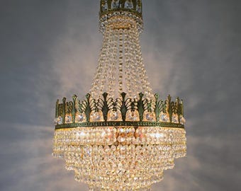 Rare Vintage French Crystal Chandelier: Large Antique Empire Brass Ceiling Lighting Fixture