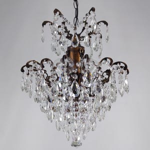 Antique Crystal Brass Chandelier Light  1960s, Vintage French Lighting fixture, Rare Empire Victorian Crystal Ceiling pendant lighting 16&quot;