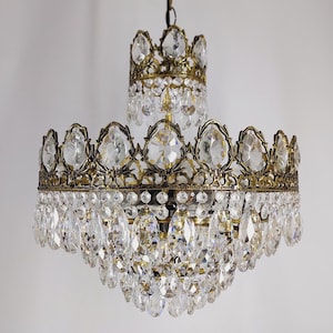 Large Antique French Crystal Brass Chandelier Light, Vintage Lighting fixture 1960s, Rare Empire Victorian Crystal Ceiling pendant lighting