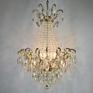 Vintage French Crystal Brass Chandelier Light 1960s, Antique Lighting fixture, Rare Empire Victorian Crystal Ceiling pendant lighting 20&quot;