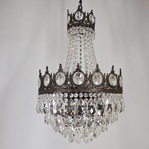 Large Vintage French Lighting fixture 1960s, Rare Antique Crystal Brass Chandelier Light, Empire Victorian Crystal Ceiling pendant lighting
