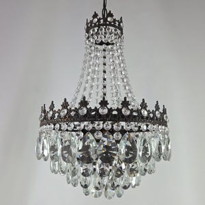 Antique French Crystal Brass Chandelier lighting, Rare Antique Lighting fixture, Vintage Empire Victorian Crystal Ceiling Pendant Light 14&quot;