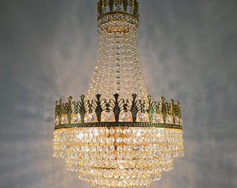 Rare Vintage French Crystal Chandelier: Large Antique Empire Brass Ceiling Lighting Fixture
