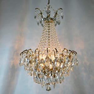 Vintage French Crystal Brass Chandelier Light, Large Empire Victorian Crystal Ceiling pendant lighting 19&quot;, Rare Antique Lighting fixture