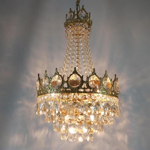 Antique French Crystal Vintage Brass Chandelier Lighting 14&quot;, Empire Crystal Ceiling lightings 1960s, Victorian crystal chandelier light
