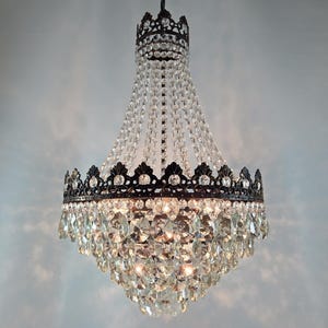 Large Empire Victorian Crystal Ceiling pendant lighting 18&quot;, Vintage French Crystal Brass Chandelier Light, Antique Lighting fixture 1950s