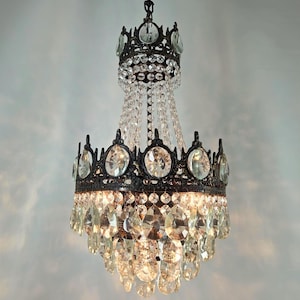 Victorian Crystal Ceiling pendant lighting 12&quot;, Antique French Crystal Brass Chandelier Light, Rare Antique Vintage Lighting fixture lamp
