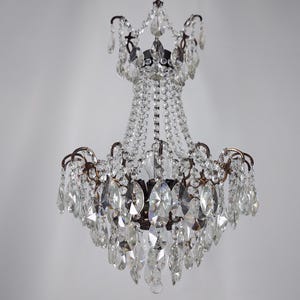 Antique Crystal Chandelier Lighting fixture, Vintage Victorian French Crystal Chandelier Light 18&quot;, Empire Crystal Ceiling lightings 1960s