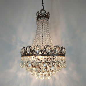 Antique Victorian crystal chandelier light, Empire Crystal Ceiling lightings 1960s, French Crystal Vintage Chandelier Lighting fixture 15&quot;