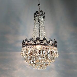 Antique French Crystal Chandelier lightings 14&quot;, Vintage French Chandelier, Crystal lightings 1960s, Ceiling   Victorian crystal chandelier