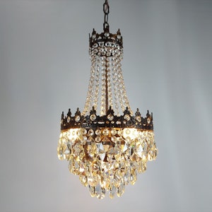 Antique French Crystal Chandelier lightings 12&quot;, Vintage French Chandelier, Crystal Ceiling lightings 1960s, Victorian crystal chandelier