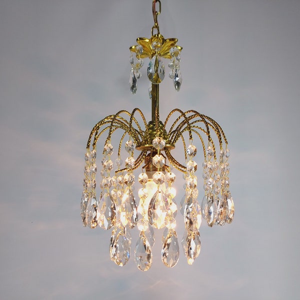 Vintage Empire French Crystal Chandelier Lighting ceiling lamp fixture, Petite Antique Victorian Brass Ceiling Chandelier Pendant Lights