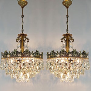Matching Pair of Antique French Chandelier Ceiling light fixture, Vintage French Crystal Brass Chandelier, Victorian Crystal lightings 1950s