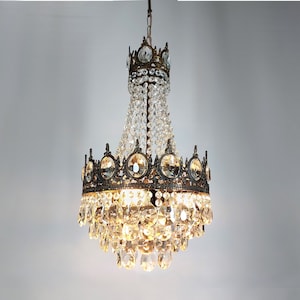 Antique French Crystal Vintage Brass Chandelier Lighting 14&quot;, Empire Crystal Ceiling lightings 1960s, Victorian crystal chandelier light