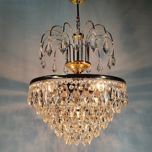 Vintage French Antique Crystal Brass Chandelier lighting Fixture 16&quot;, Victorian crystal chandelier light, Empire Ceiling lightings 1960s