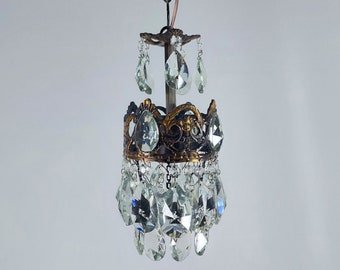 Vintage French Crystal Chandelier: Rare Small Antique Brass Ceiling Lighting Fixture, 6"