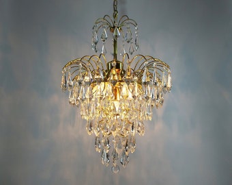 Lámpara de araña francesa vintage de cristal: gran lámpara colgante estilo bohemio de latón antiguo.