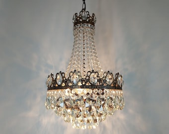Lámpara de araña francesa antigua de cristal: rara lámpara de techo estilo imperio bohemio vintage.