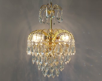 Rare Antique French Crystal Chandelier lighting, Victorian Vintage Brass Holywood Regency Ceiling Chandelier Light Fixture, 13 inch, 1970s