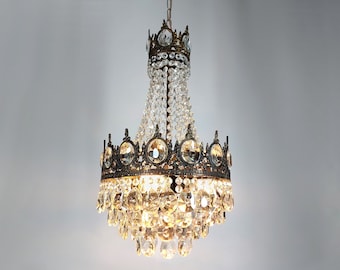Antique French Crystal Chandelier: Rare Vintage Brass Bohemian Style Empire Ceiling Light (14")