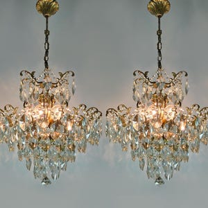 Matching Pair of Vintage Crystal Brass Chandelier Lighting fixture 50s, Rare Empire Victorian Crystal Ceiling lighting, Antique French Light