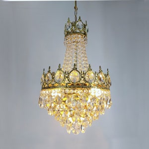 Vintage French Antique Crystal Chandelier lighting Fixture 15&quot;, Victorian crystal chandelier light, Empire Crystal Ceiling lightings 1960s