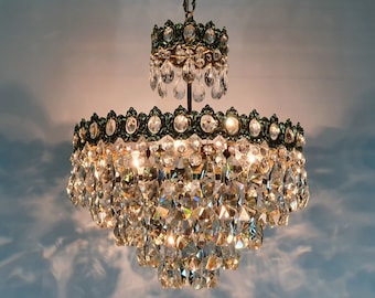 Vintage Franse kristallen koperen kroonluchter, antieke Franse kroonluchter, Victoriaanse grote kristallen kroonluchterlamp, kristallen plafondverlichting