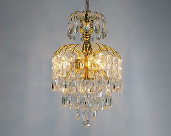Vintage French Crystal Chandelier: Rare Antique Brass Bohemian Style Pendant Light (12 inch)