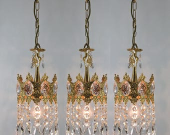 Matching Pairs Vintage French Brass Crystal Chandelier : Antique Art Deco Style Ceiling Lighting Fixture