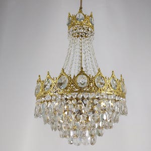 French Vintage Crystal Brass Chandelier Light, Rare Empire Victorian Crystal Ceiling pendant lighting, Large Antique Lighting fixture 1960s