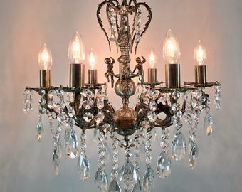 Large Vintage French Crystal Chandelier: Rare Antique Brass Victorian Pendant Ceiling Lighting Fixture