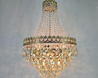 Large Vintage French Crystal Chandelier: Rare Antique Empire Victorian Brass Lighting Fixture, 1960s