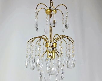 Antique French Crystal Classic Bohemian Chandelier: Rare Vintage Bohemian Small Brass Lighting Fixture, 1950s