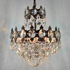 Vintage French Crystal Chandelier Lighting Lamp Fixture 16&quot;, Large Antique Victorian Crystal Brass Ceiling Chandelier Pendant Lights 1950s