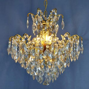 Rare Antique Crystal Brass Chandelier Light, French Vintage Lighting fixture 1960s, Empire Victorian Crystal Ceiling pendant lighting 19&quot;