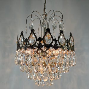 Antique French Crystal Brass Chandelier Light 1950s, Vintage Lighting fixture, Large Empire Victorian Crystal Ceiling pendant lighting 14&quot;