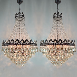 Matching Pair Vintage French Lighting fixture 1950s, Large Antique Crystal Brass Chandelier, Empire Victorian Crystal Ceiling pendant light