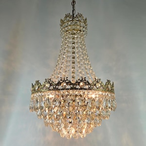 Rare Antique French Crystal Brass Chandelier Light, Antique Lighting fixture, Vintage Empire Victorian Crystal Ceiling pendant lighting 14&quot;