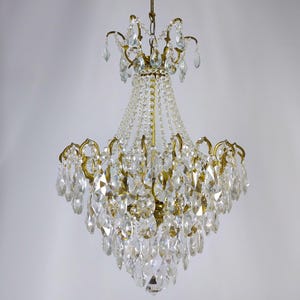 Antique French Crystal Brass Chandelier Light, Vintage Lighting fixture 1960s, Rare Empire Victorian Crystal Ceiling pendant lighting 20&quot;