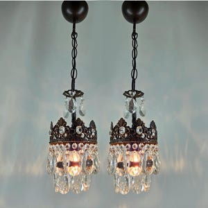 Matching pair of Antique French Crystal Chandelier 6&quot;, Vintage Chandelier ceiling  lighting fixture, Victorian crystal chandelier lamp 1950s