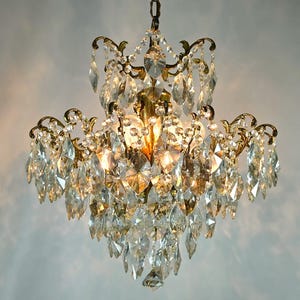 Large Antique French Light, Vintage Crystal Brass Chandelier Lighting fixture 1950s, Rare Empire Victorian Crystal Ceiling pendant lighting